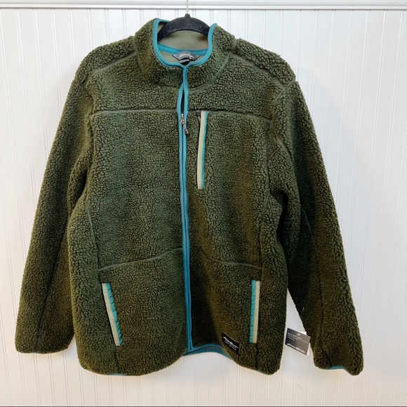 Eddie Bauer NWT Loden Green High Pile Full Zip Chilali Sherpa Jacket Men’s Large - Picture 1 of 8